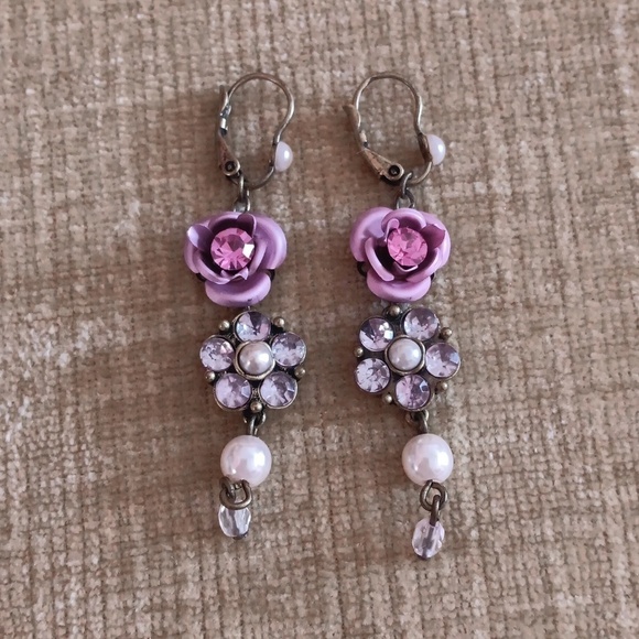 Brass Tone Rose Rhinestone Faux Pearl Drop Earrings - Picture 1 of 7